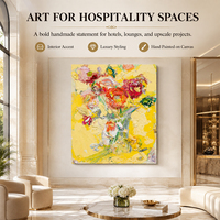 Peinture à l'huile abstraite jaune citron, bouquet de roses cramoisies, technique impasto au couteau, peinte à la main sur toile, décoration murale texturée