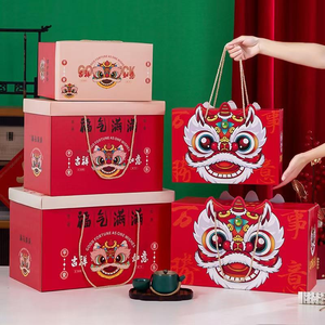 Confezione Regalo Tradizionale con Stampa Danza del Leone, Scatola Rossa per la Festa di Primavera, Cesto Portatile con Manico in Corda per Snack e Frutta Secca - Product Image 2