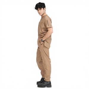Ensemble de tenue médicale pour hommes, gris, haut à manches courtes et pantalon, en coton sergé, avec détection d'aiguilles, sans couture, thermocollé - Product Image 1