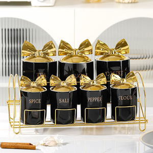 Jarra con sello de porcelana verde con tapa y base dorada; contenedor de almacenamiento de especias de cerámica blanca rectangular para uso en cocina-recipiente. - Product Image 3