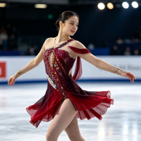 Robe de patinage artistique rouge dégradé avec strass étincelants et maille à manches longues pour enfants et adultes, idéale pour la compétition et les spectacles