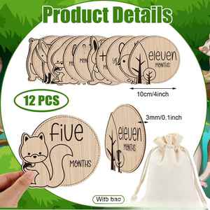 ขายส่ง 12 ชิ้น ป้ายไม้รูปสัตว์น่ารัก DIY สำหรับประกาศความสำเร็จของลูกน้อย ตกแต่งงานเลี้ยงฉลองทารก บัตรบอกความหมายความสำเร็จแบบสลักลาย - Product Image 4