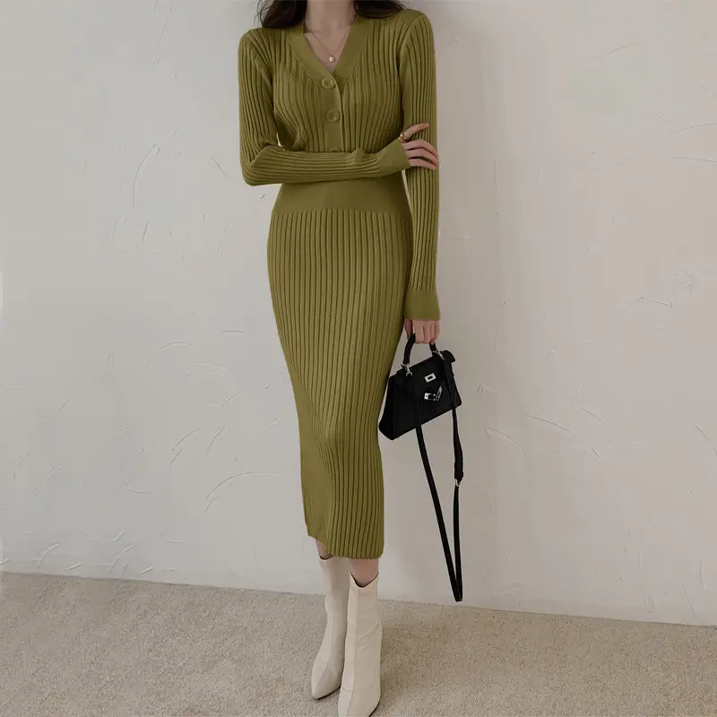 2023 New autumn long sleeve V NECK collar button maxi dress ladies knitted LONG dresses