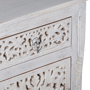 Floral Carved Wood Accent Table with Drawer & Cupboard - Distressed <b>White</b> Finish - Product Image 2