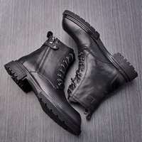 Brounvanm Bottes mi-mollet pour homme en cuir pleine fleur, style rétro britannique, semelles épaisses, fermeture éclair, antidérapantes, respirantes, embout en peau de porc