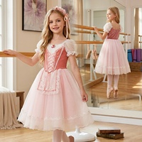 Robe de tutu rose pour filles R1624, manches bouffantes en dentelle, corsage croisé avec jupe en tulle superposée pour la performance de ballet sur scène