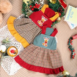 Robe salopette à motif pied-de-poule avec applique renne, vêtements pour chien, tenue festive ours en peluche, robe de Noël pour animal de compagnie - Product Image 1