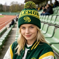 Casquette unisexe en acrylique 100% avec broderie jacquard lion verte et jaune, revers et pompon, faible MOQ, expédition rapide, personnalisable