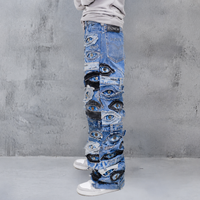 DiZNEW Jeans pour hommes style gothique avec broderie œil, denim épais, multi-couches, coupe ample, streetwear OEM