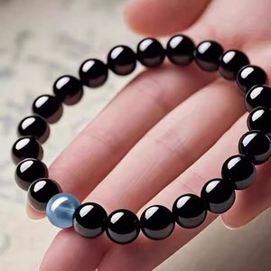Bracelet en obsidienne noire naturelle avec accent en aquamarine, bracelet en cristal rond, bijoux en pierre de protection et apaisante pour hommes et femmes - Product Image 1