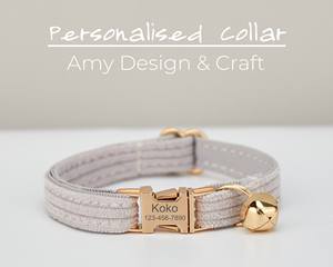 Ensemble laisse et collier en velours côtelé fait main avec nœud papillon, gris clair, pour chat et chiot, avec clochette dorée et étiquette nominative personnalisée - Product Image 2