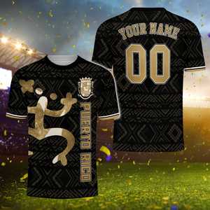 Maglia da Calcio di Porto Rico Nera e Oro con Nome e Numero Personalizzati Stile Tano Tribale - Product Image 1