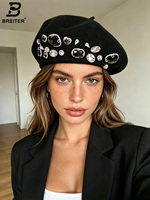 Béret français en laine perlée robuste, style rétro automne/hiver, chapeau de peintre de luxe pour femme, orné de cristaux, chaud et élégant, modèle citrouille