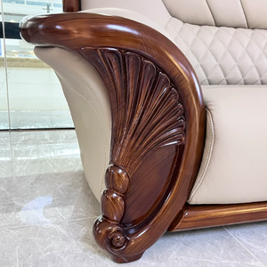 Luxury Genuine Leather Solid Wood Corner <b>Sofa</b> <b>Set</b> Living Room European Style Sectional L-Shape Combination Wooden Carving - Product Image 3