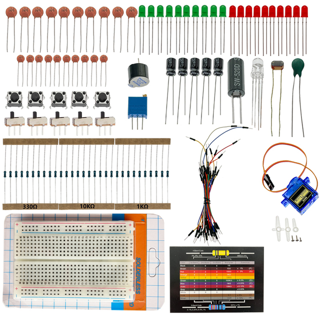 OKY1003-2A Electronics Component Pack with Resistors, LEDs, Switch, Potentiometer, Breadboard and Wire