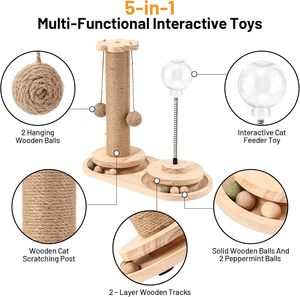 <strong>Cat</strong> Scratching Post Is Equipped with a <strong>Cat</strong> Food Feeder, a <strong>Cat</strong> Teaser Stick, and a Double-layer Wooden Track Ball Toy. - Product Image 5