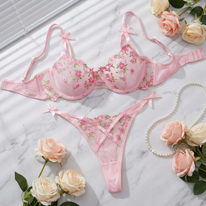 Rose Floral Embroidery Lace Lingerie <b>Set</b> Sheer Mesh Underwire <b>Sexy</b> Bra and Thong Panties <b>Set</b> French Intimates Underwear <b>Set</b> - Product Image 1