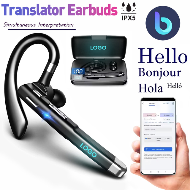 133+ AI Languages V5.4 Single Ear Wireless Headset Business Ear-Mounted Hands-free Call Noise Canceling for iPhone Laptop