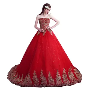 Vestidos 드 노비 새로운 볼 가운 레이스 Tulle 빨간 웨딩 드레스 꼬리 중국어 자수 신부 가운