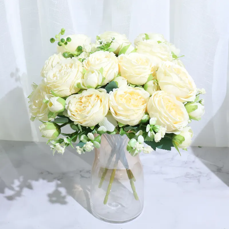 Flores artificiais de aniversário em casa, decoração de casamento, buquê branco de seda, rosa, peônia
