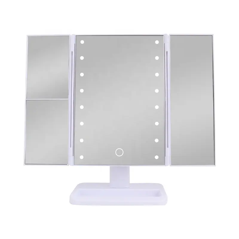 Espejo de maquillaje plegable con tres formas, luz LED plegable para escritorio, 10 aumentos, mesa de brillo ajustable, color blanco