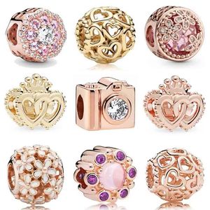 Perles en argent pur 925, motifs <span class=keywords><strong>Rose</strong></span> Dorée, Marguerite, Fleur, Amour, Appareil Photo, Couronne, compatibles avec les bracelets PandoraES européens, pour la création de bijoux DIY - Product Image 1