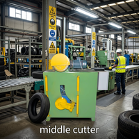 Ligne de recyclage entièrement automatique pour le prétraitement des pneus usagés, équipée d'une machine de découpe intermédiaire des pneus, d'un coupe-bandes et d'un coupe-blocs.