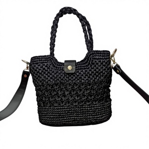 Handmade <b>Raffia</b> Rectangular <b>Tote</b> Bag with Penja Lining Leather Trim Button Closure Multi-Use Daily Urban Simplicity Premium - Product Image 3
