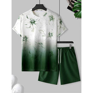 2025 Người Đàn Ông Mới Của Áo Sơ Mi Và Quần Short Đặt Thời Trang Giản Dị Màu Xanh Lá Cây Hoa In 100% Polyester Hỗ Trợ Tùy Biến - Product Image 2