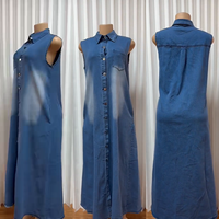 Robe longue en jean tendance Y6659 pour femme, col rabattu, sans manches, boutonnage simple, style rétro décontracté