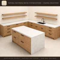 Meubles de cuisine sur mesure pour toute la maison, placage chêne naturel, style côtier, tiroirs sans poignée à fermeture amortie, plan de travail en quartz, fabrication OEM