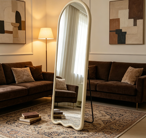 Espejo de pie de cuerpo entero con marco de MDF y tela, estilo nórdico moderno, material de vidrio independiente para uso cosmético en el hogar - Product Image 5