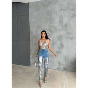 Jeans de mezclilla para mamá con detalles de lámina y roturas en la rodilla, transpirables, plateados, tipo lápiz, con decoración de botones en la cintura, talla XL, de algodón, con estampado de color oscuro - Product Image 4