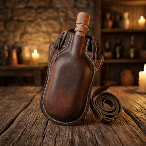 Gourde en cuir de vachette véritable tanné végétal, artisanale, style historique médiéval, pour vin, type cantine - Product Image 5