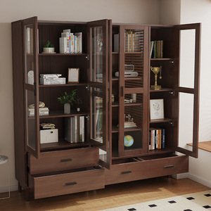 Shulin Furniture <b>Solid</b> <b>Wood</b> <b>Bookcase</b> With Glass Doors Modern Minimalist Style Study Storage Cabinet For Home Office - Product Image 4