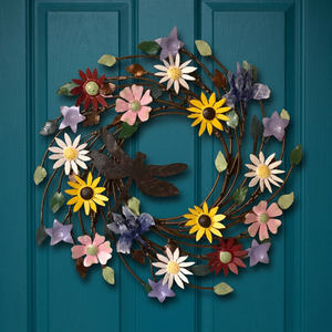 Corona Floral Rústica de Metal con Libélula, Flores Decorativas Hechas a Mano, Corona Redonda sin Luces - Product Image 2
