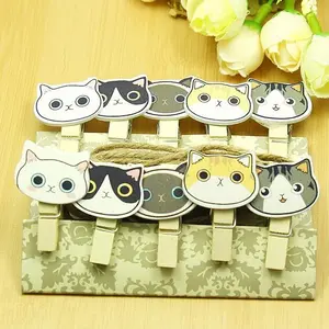 10pcs/pack Cute Cat head Nature Wooden DIY Meaasge Clip set with rope Special Gift DIY School Office Binding Supplies