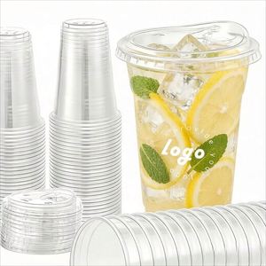 Gobelets en plastique PET jetables personnalisés avec logo, 98 mm, 12-24 oz, pour boissons froides, café, jus, transparents avec couvercles - Product Image 1