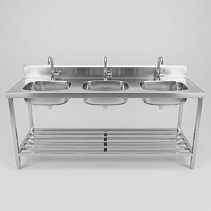 <b>Stainless</b> <b>Steel</b> Three <b>Sink</b> Unit With Drainboard And Shelf - Product Image 1