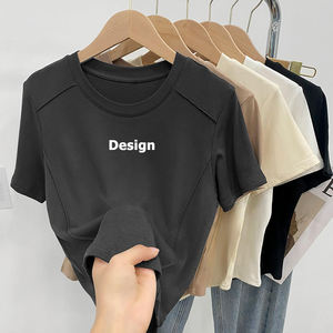 Top corto de diseñador Popular para mujer, Camiseta ajustada con cuello redondo recortada de tela personalizada de secado rápido - Product Image 4