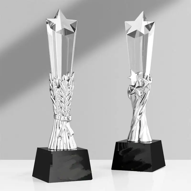 Souvenir Gift Custom Crystal Glass Trophy With Metal Star Glass Trophy Awards