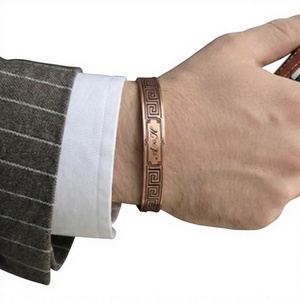Copper Open Cuff <b>Bangle</b> Bracelet <b>Engraved</b> Greek Key Meander Pattern Custom Initial Script Monogram Center Frame Solid Copper - Product Image 1