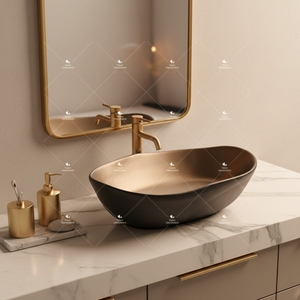 Lavabo de salle de bain ovale moderne <span class=keywords><strong>en</strong></span> <span class=keywords><strong>céramique</strong></span> noire mate de luxe à poser sur comptoir - Product Image 3