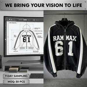 Custom Vintage Washed <b>Zip</b> Up Hoodie Men | 3 Stripes Sleeve Boxy Fit Full <b>Zip</b> <b>Hooded</b> Jacket | RAMMAX Number Print Private Label - Product Image 2