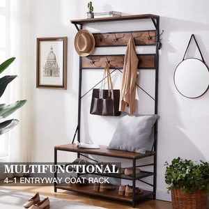 Porte-manteau industriel multifonctionnel SENYU avec banc, étagère de rangement, 12 crochets, structure en bois et métal, design autoportant - Product Image 1