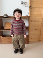 Cardigan tricoté unisexe pour enfants, col rond, rayé, à simple boutonnage, manches longues, pull pour bébé, printemps-automne