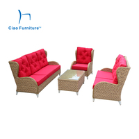 Beige Polyrattan Outdoor-Sofa-Eckgarnitur mit Kissen Gartenmöbel Zeitgenössisches Design Wasserfest UV-Beständiges Sofa