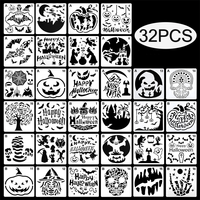 32 pochoirs d'Halloween réutilisables en PET de 5 pouces, modèles de peinture Citrouille, Sorcière, Crâne, Squelette, Fantôme, Chauve-souris pour enseignes en bois et loisirs créatifs DIY
