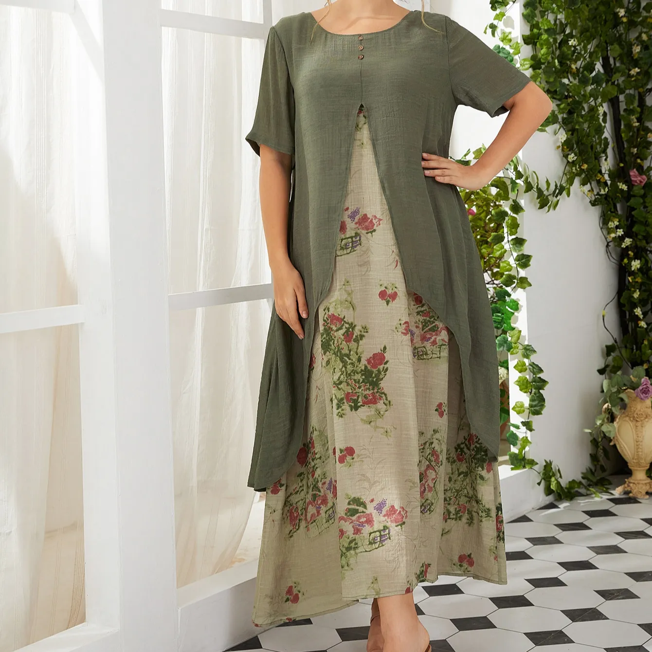 Robes combinées à manches courtes à imprimé Floral, vêtements oem grande taille pour femmes, 2023