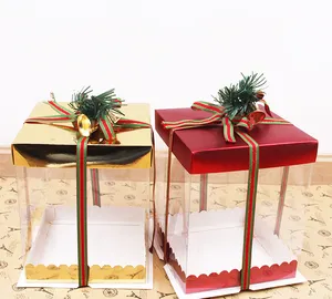 Square tall Christmas 4 inch cake box clear metallic red gold paper card 4 in 2 layer cake box set packaging with bell ribbon